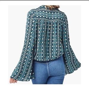 Wrangler Retro Collared Crop Bell Sleeve Top XL Green Print